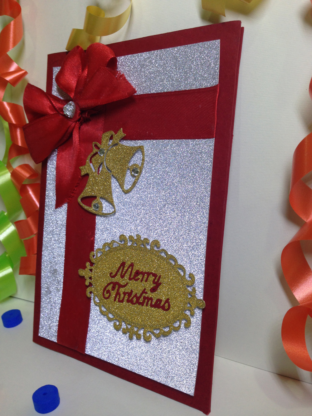 Luxury Handmade Christmas card - Sparkly Bell & Red Ribbon with Silver & Golden Glitter Paper