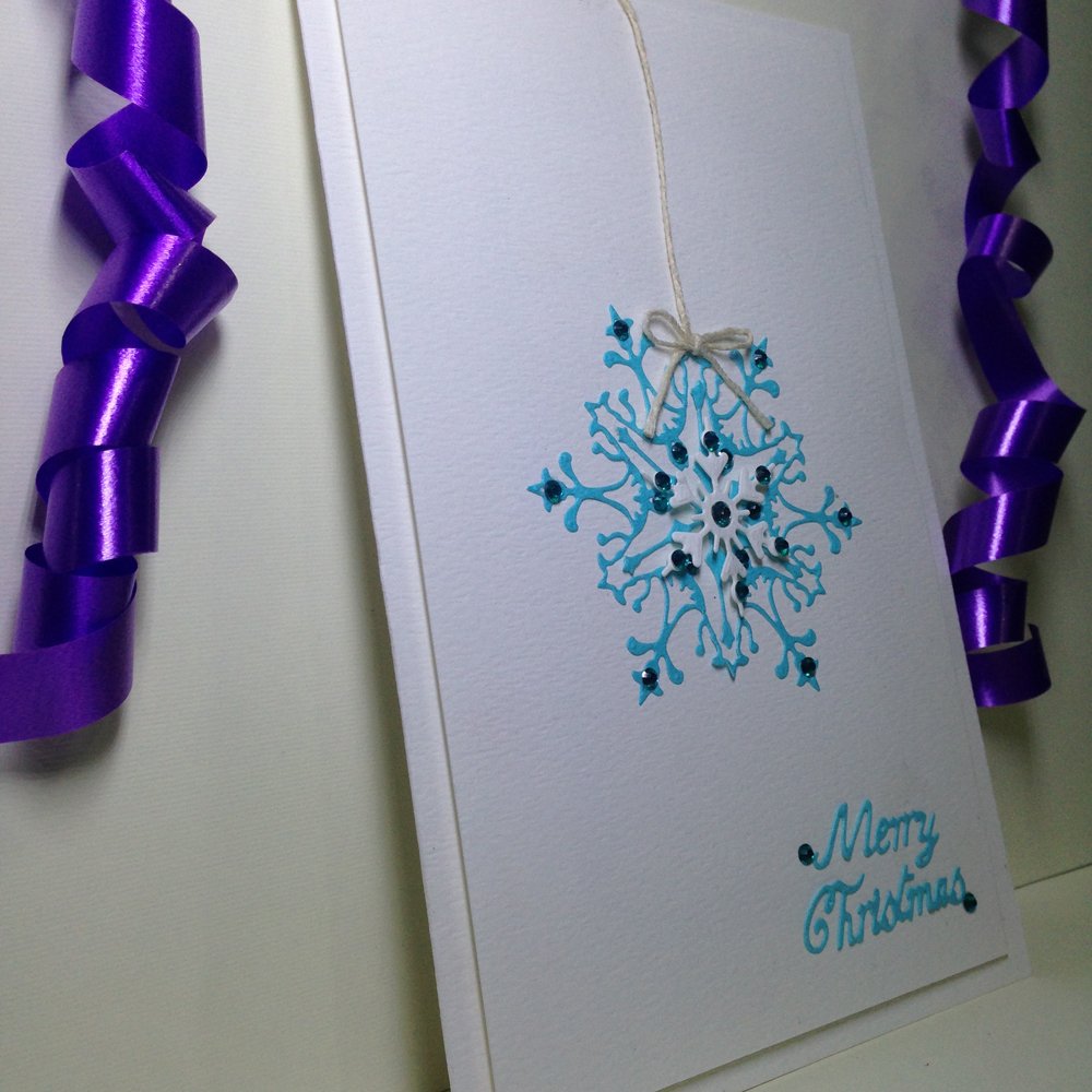 Handmade Christmas Card - Decorated With Hanging Die Cut Snowflakes & Beads