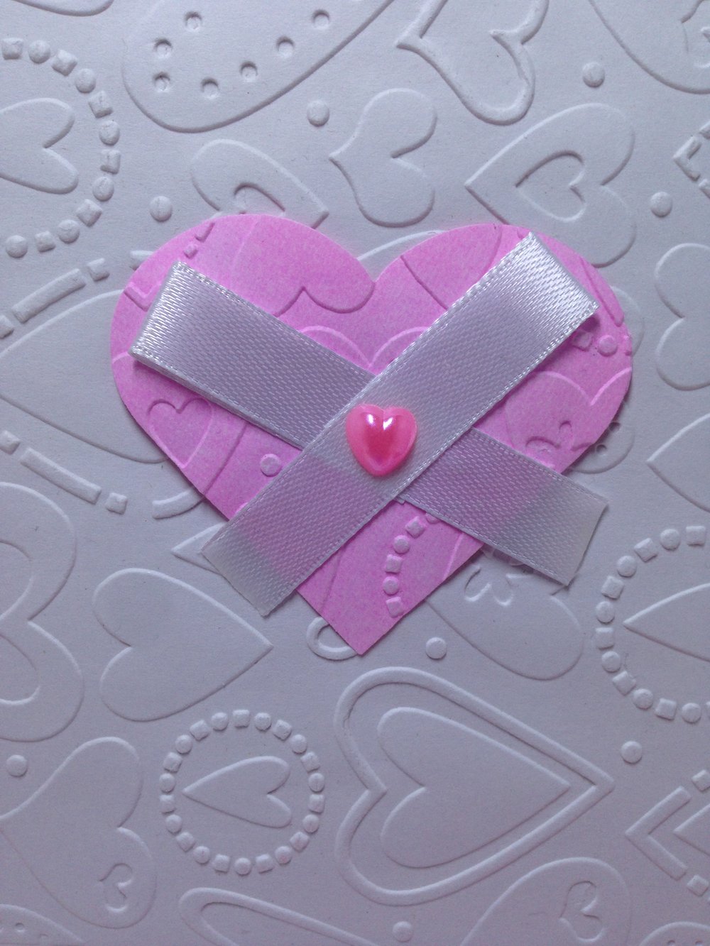 Luxury Handmade Valentine Day Card - Decorated With Die Cut Hearts, Embossed Love Shape Base & Glossy Ribbon