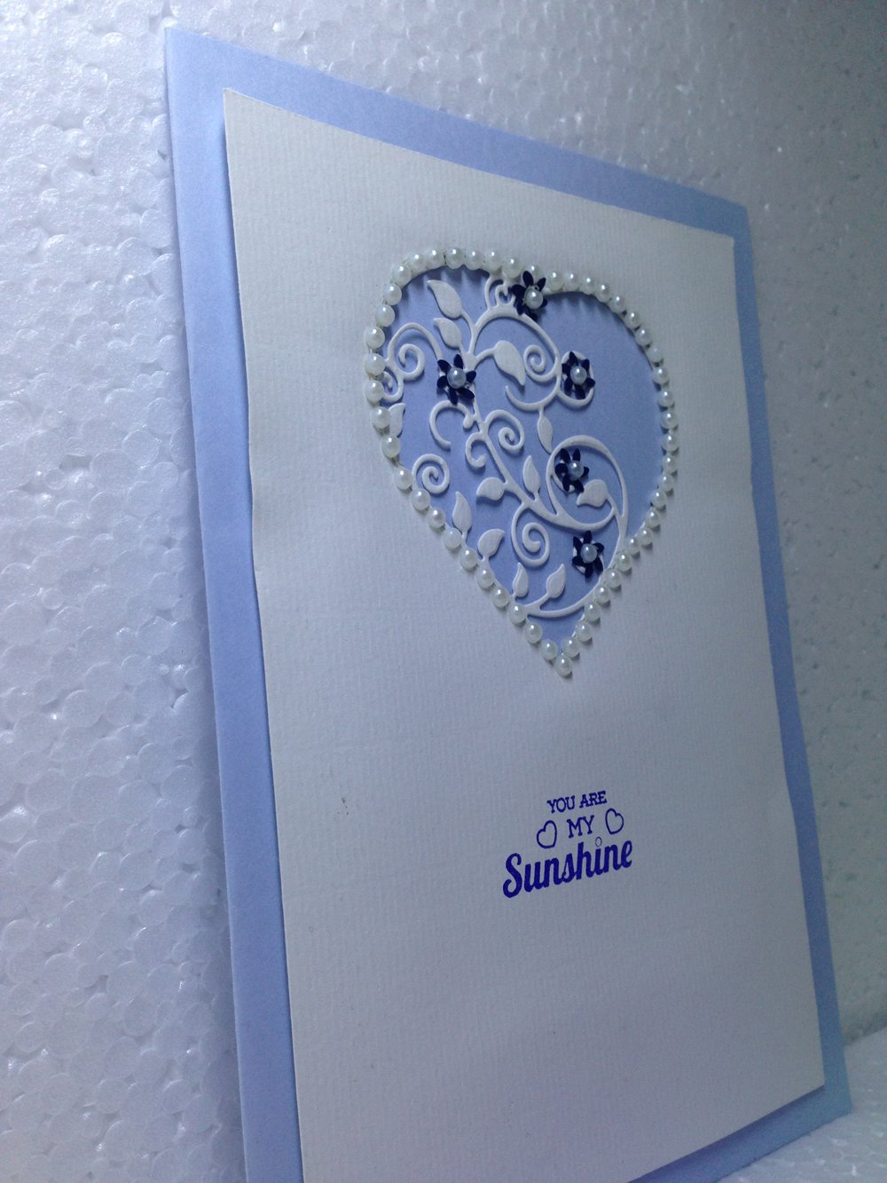 Luxury Handmade Valentine Day Card - YOU ARE MY SUNSHINE - Decorated With Beautiful Die Cut Floral Heart & Fine Beads