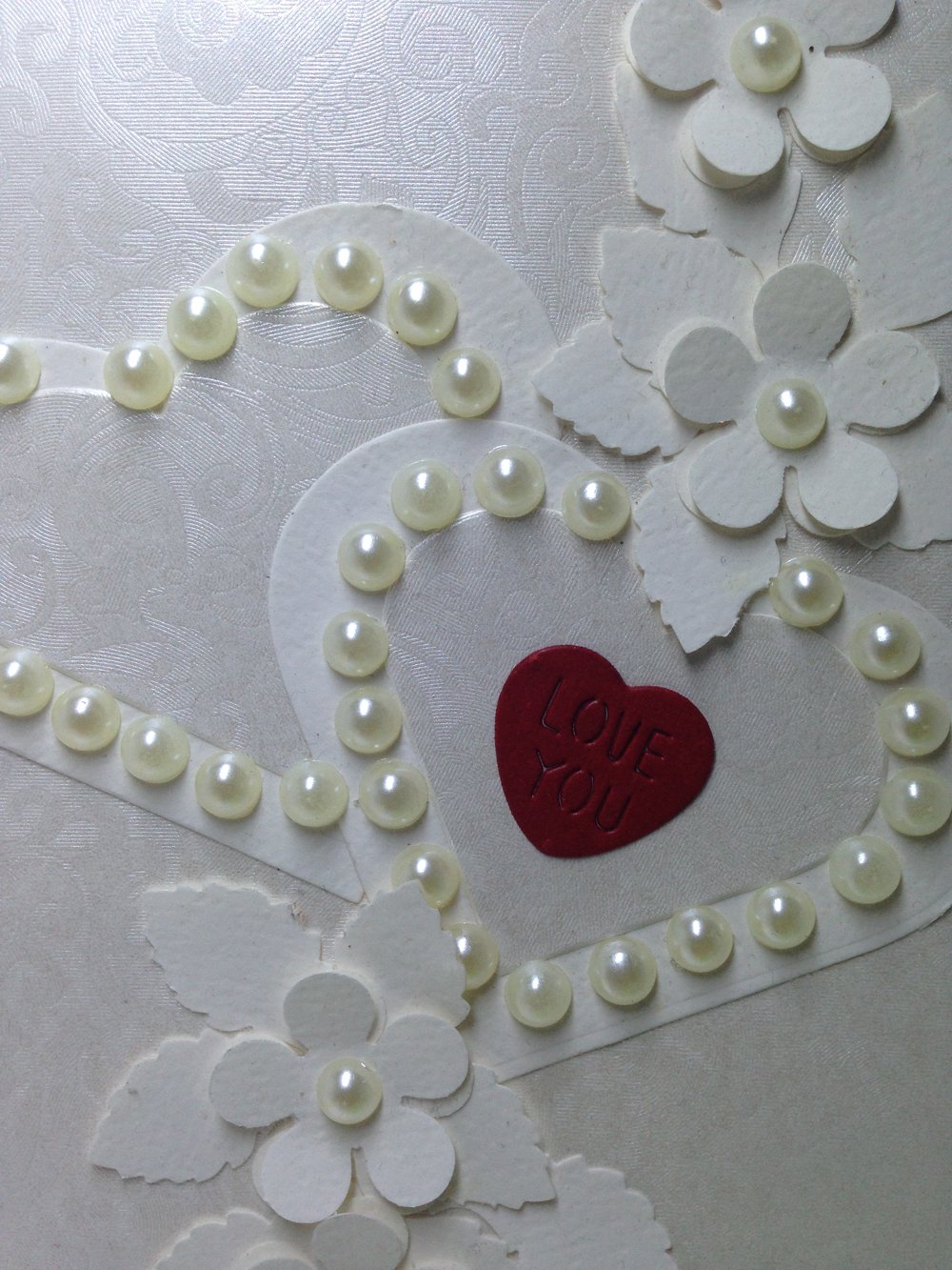 Luxury Handmade Valentine Day Card - Decorated With Beautiful Die Cut Hearts, Flowers & Beads